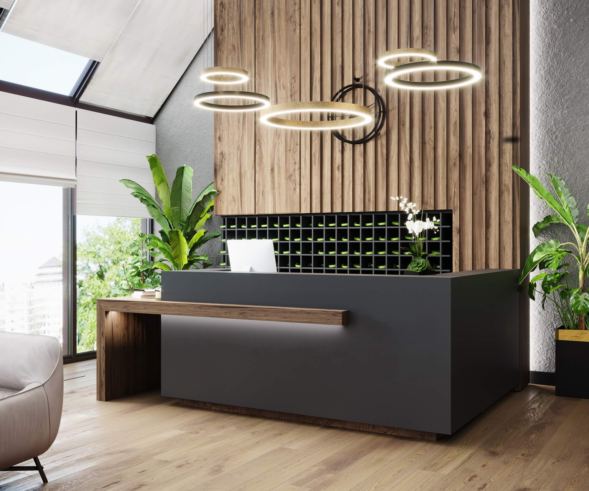 Modern hall interior with reception desk in fitness center